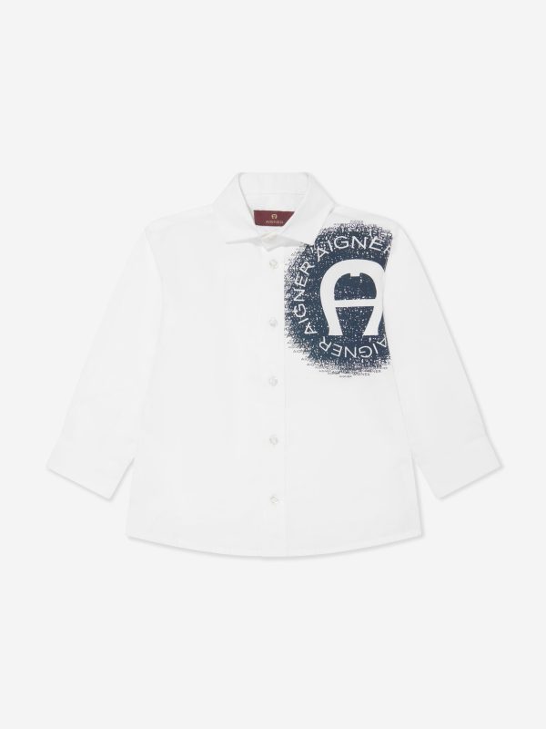 Aigner Boys Logo Print Shirt in White Online Sale