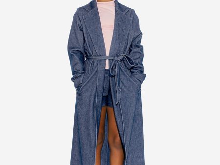 AY by AYLA Girls Denim Look Belted Trench Coat in Blue For Cheap