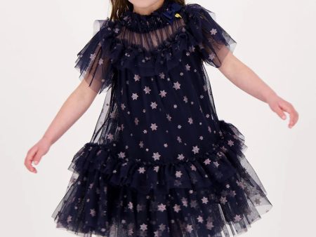 Angels Face Girls Georgette Glitter Star Dress in Navy Online now