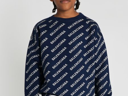 Balenciaga Kids All Over Logo Sweatshirt in Navy For Discount