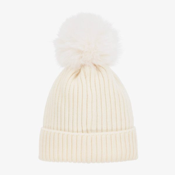 Girls White Wool Pom-Pom Hat For Discount