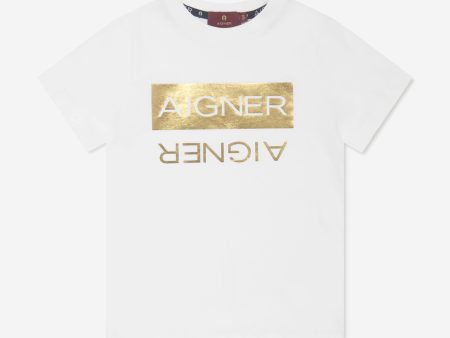 Aigner Boys Logo Print T-Shirt in White For Cheap