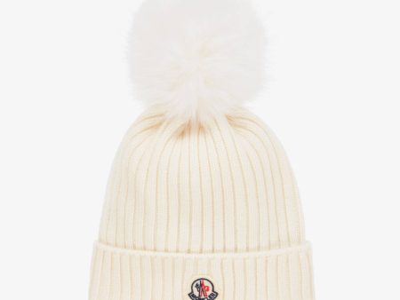 Girls White Wool Pom-Pom Hat For Discount