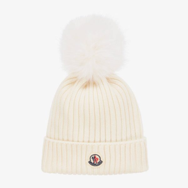 Girls White Wool Pom-Pom Hat For Discount